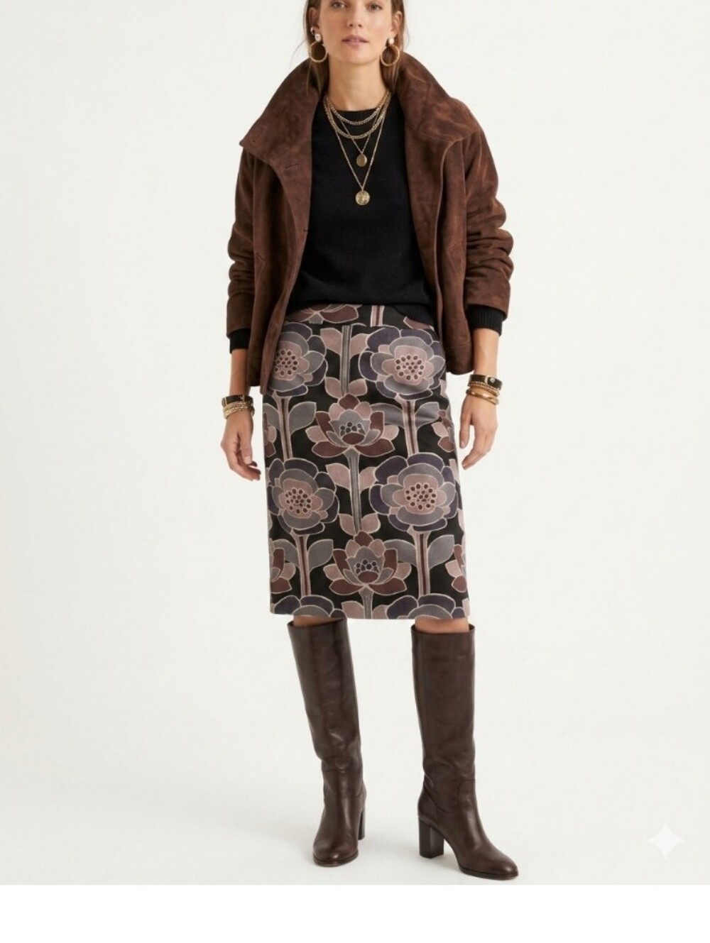 Boden Floral Pencil Skirt in Black, Brown and Gray